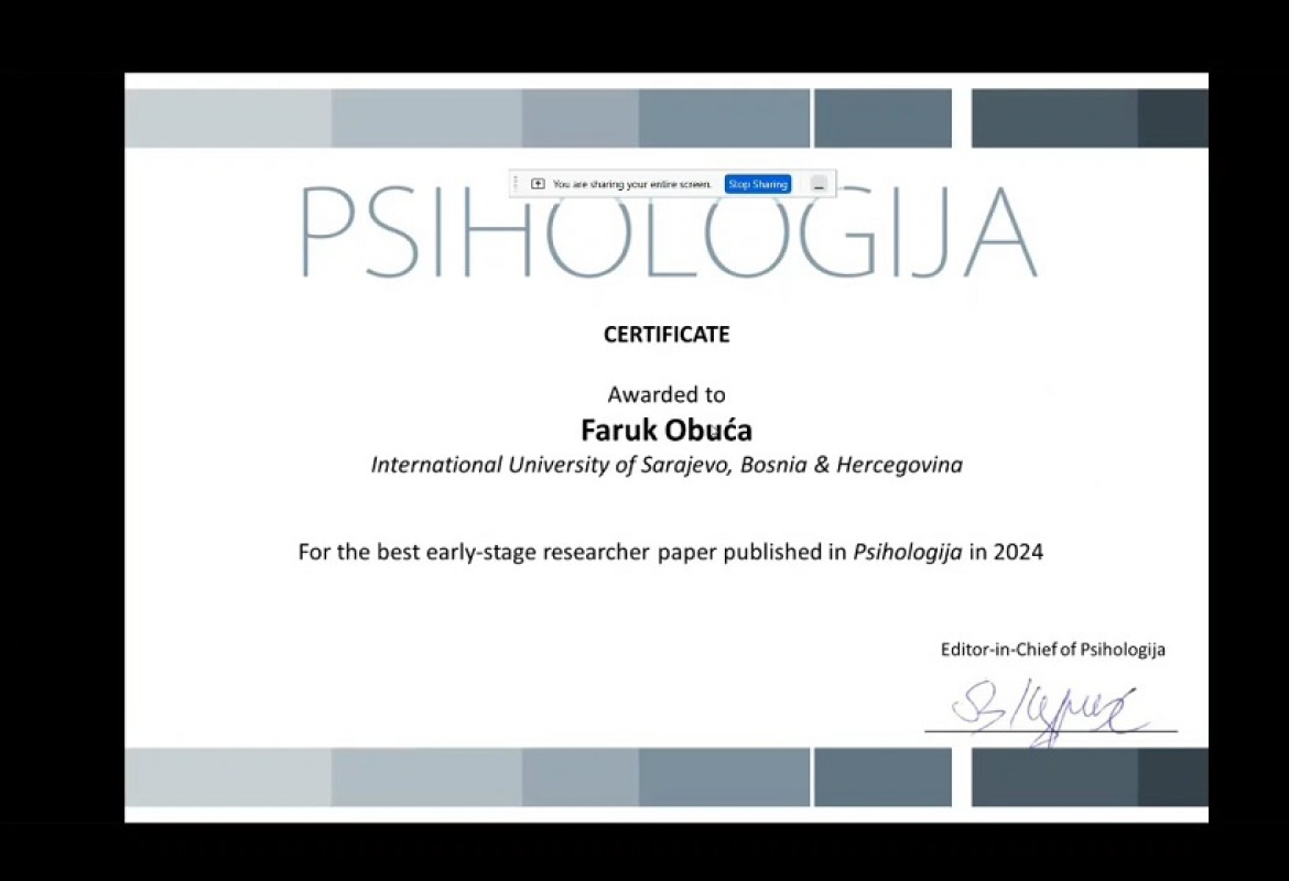 Faruk Obuća, viši asistent na PSY programu, nagrađen za najbolji naučnoistraživački rad